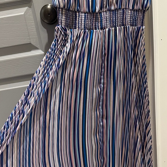 White House Black Market Navy and Warm Tones Gold Striped Halter Dress - Picture 7 of 15